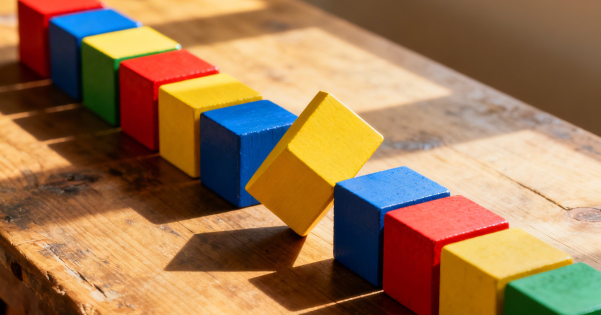 Row of colored wood blocks with one misaligned